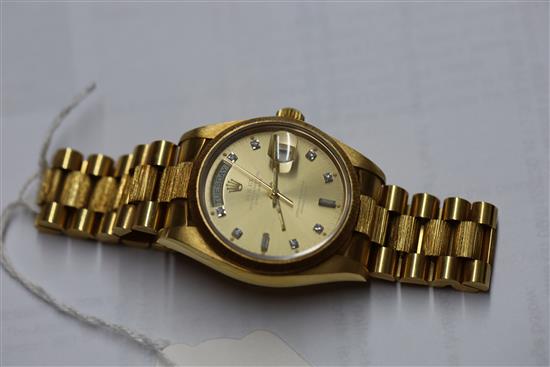 A gentlemans late 20th century 18ct gold and diamond set Rolex Oyster Perpetual Day-Date wrist watch,